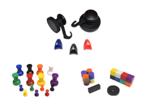 Colorful variety of thumbtack, plastic and hook magnets for dry erase and magnetic whiteboards