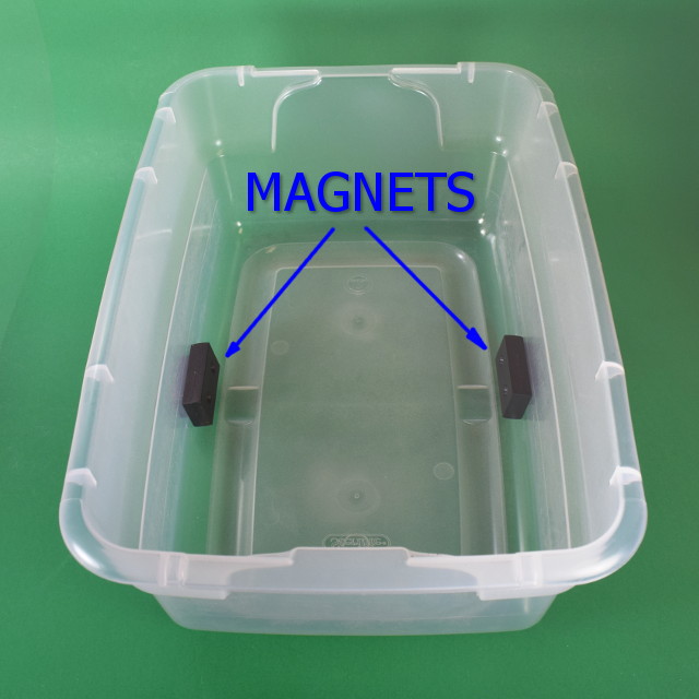 Magnets on the outside of a plastic bin