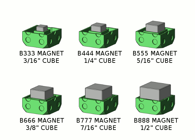 6 dice with different size magnets inside
