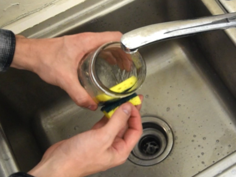 Magnets inserted into sponges to clean inside of tiny mason jar