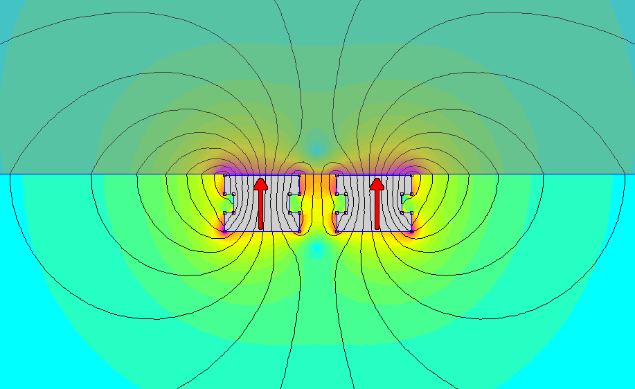 Magnetic field of 2 block magnets with north on steel