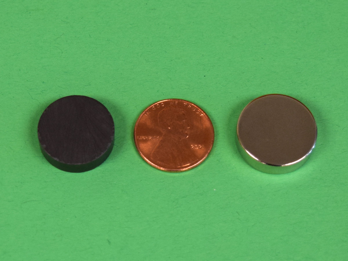 Ceramic and neodymium magnets next to a penny