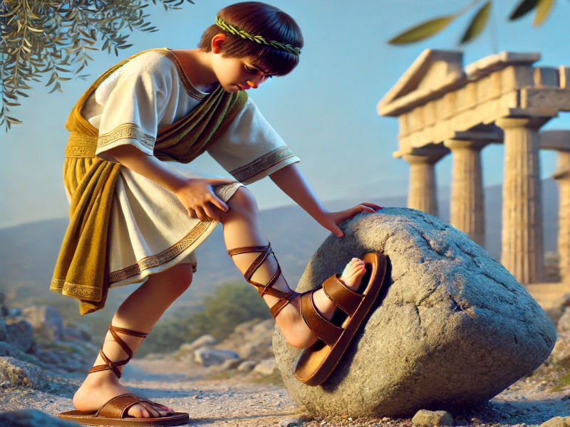 Greek boy with sandal stuck on magnetic rock