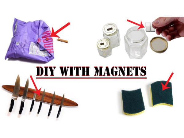 Many examples of kitchen magnets like magnetic knife blocks, spice jars, sponges and more