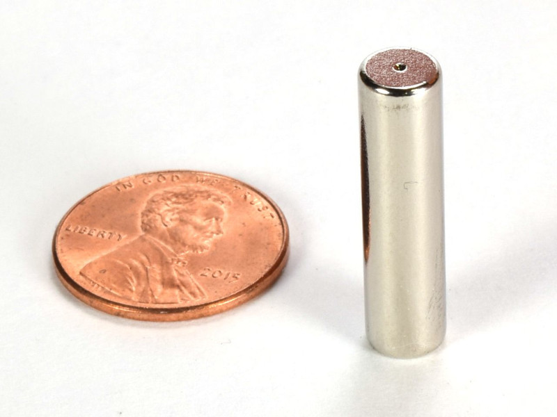 Neodymium cylinder magnet with mark on north pole to identify poles of other magnets