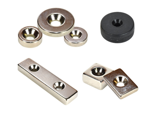 Strong neodymium ring and block countersunk magnets in different shapes and coatings like plastic