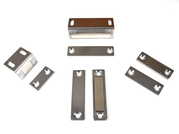 Strong heavy-duty magnetic door, cabinet and drawer catches, latches and closures