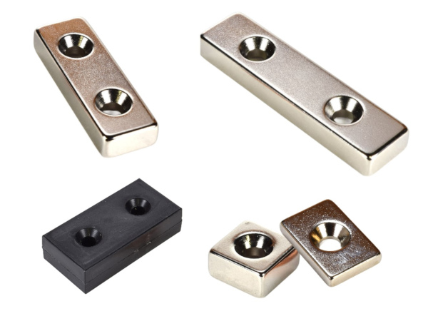 Many strong neodymium block magnets with holes that are countersunk and counterbored