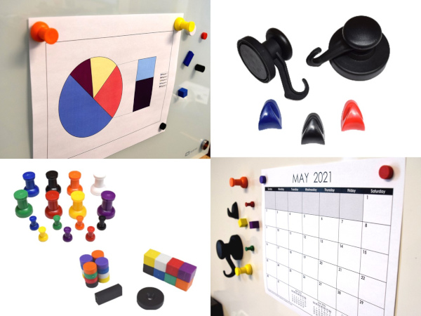 Large selection of strong hook, thumbtack and plastic coated magnets for dry erase, magnetic glass and magnetic whiteboards