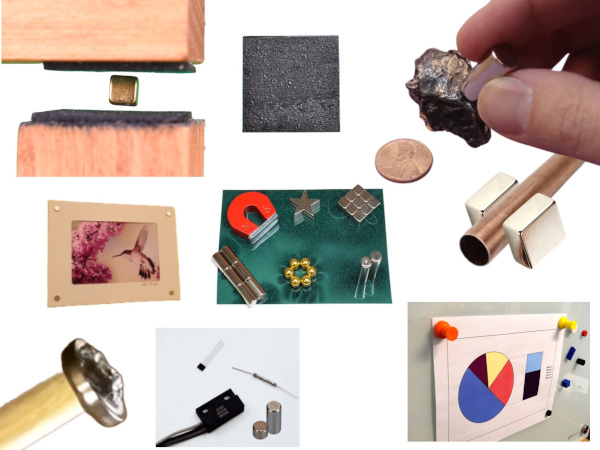 Images depicting different uses for neodymium magnets like levitation, water softening, hanging art, etc.