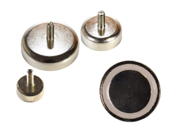 multiple sizes and strengths of mounting magnets with male stud in metric sizes