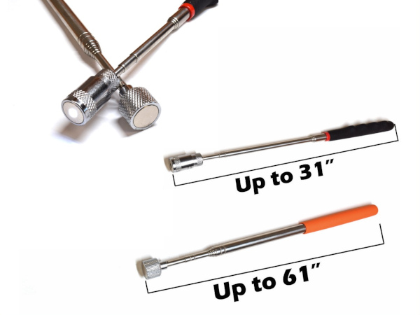 Telescoping magnet with extendable pole to pick up hard to reach nuts, bolts, nails and screws