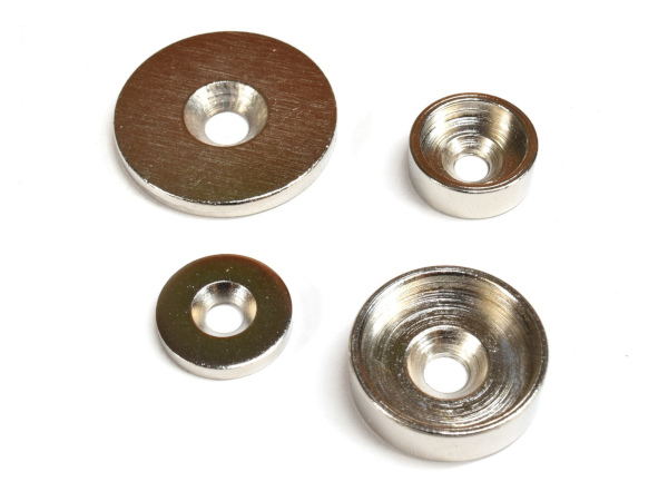 Steel cups and washers to easily hang with magnets on walls and ceilings