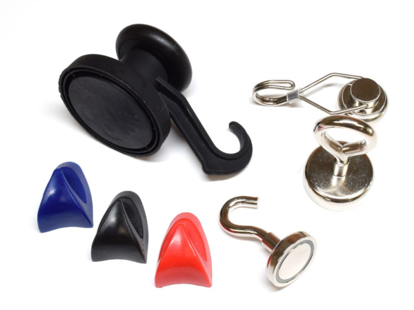 Selection of various hook magnets including j-hooks, eye-hooks, rubber hooks, slotted hooks and plastic hooks