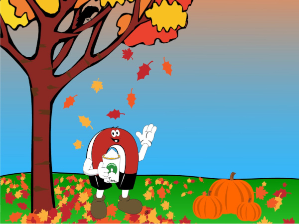 Mascot joe magneato under a tree with autumn leaves advertising november sales