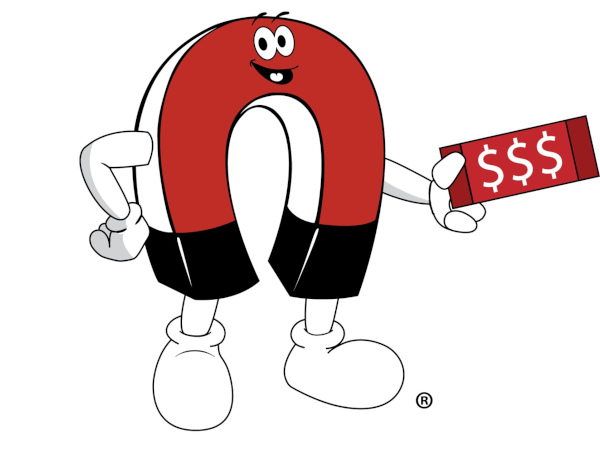 Mascot joe holding a coupon for discounts and savings on neodymium magnets