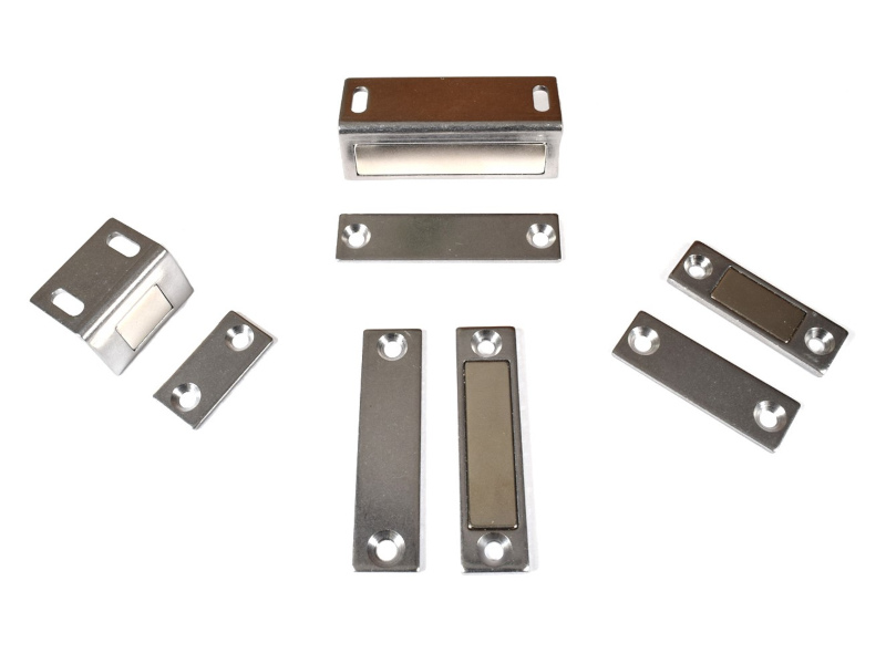 Strong magnetic latch and catch closures for doors, cabinets and drawers with secure hold.